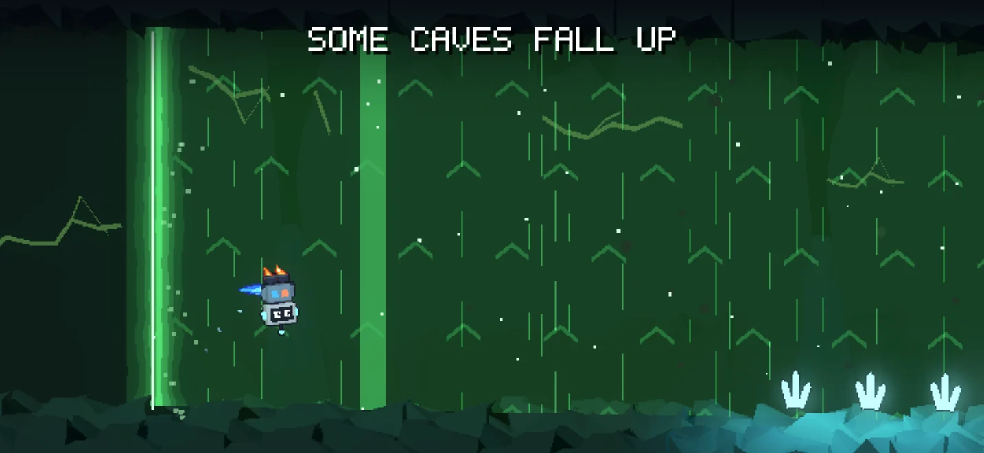 Some caves fall up. A green gravity field carries HOP-7 toward the ceiling.