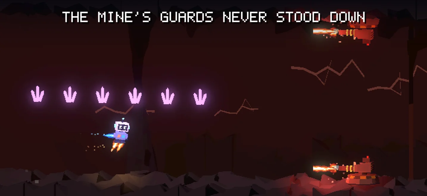 The mine's guards never stood down. HOP-7 hovers between sentry turret bolts.