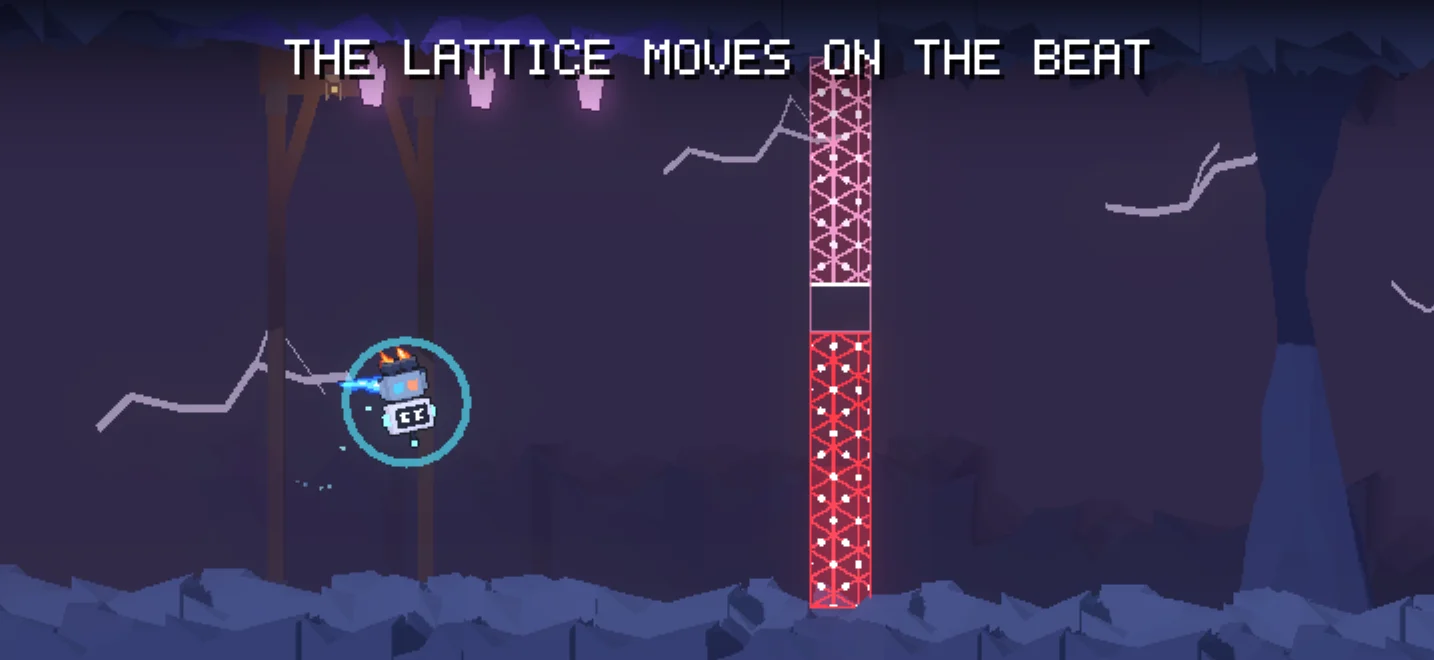 The lattice moves on the beat. A red lattice gate closes in time with the music.