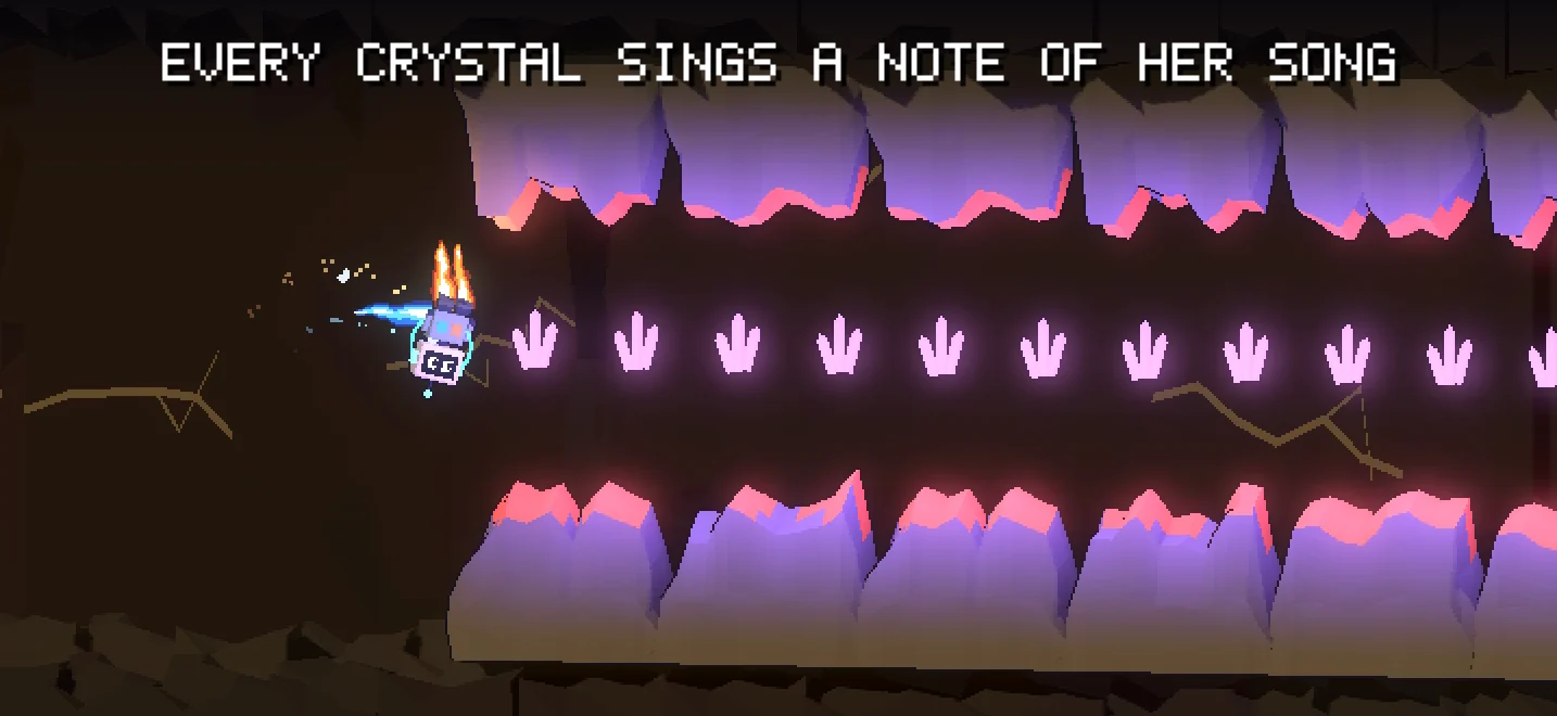 Every crystal sings a note of her song. HOP-7 flies into a field of violet crystals.